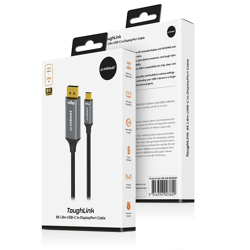 mBeat Tough Link 8K 1.8m USB-C To Displayport Adapter Cable - Grey/Black