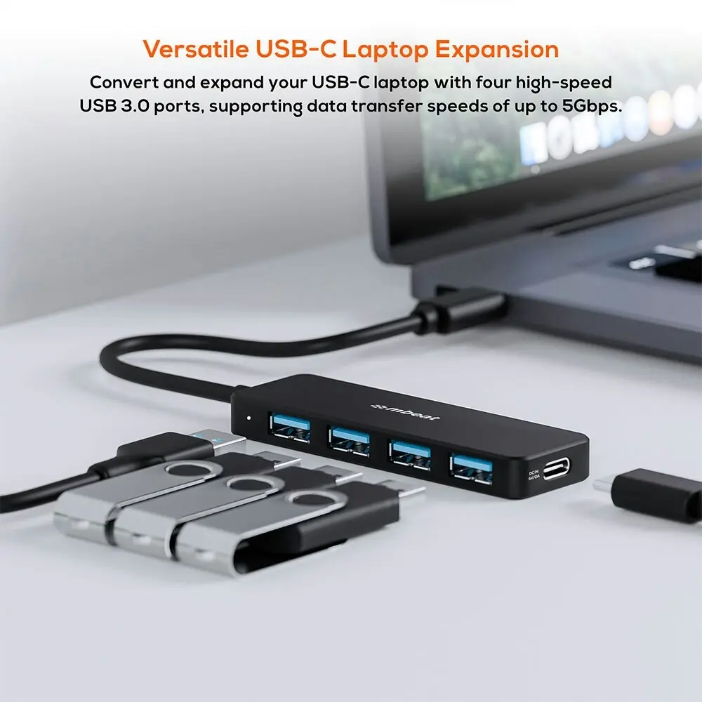 mBeat 4-Port 3.0 5Gbps USB-C Laptop/Computer Travel Hub 15cm w/USB-C DC Port