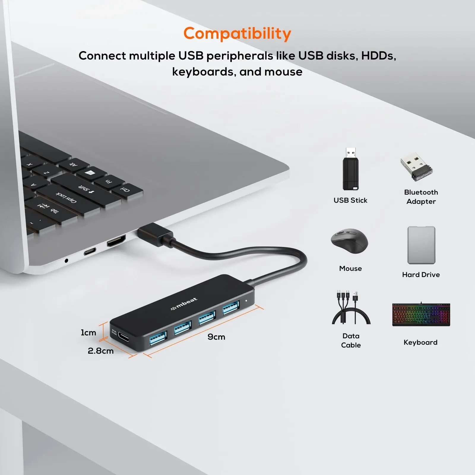 mBeat 4-Port 3.0 5Gbps USB-A Laptop/Computer Travel Hub 15cm w/USB-C DC Port