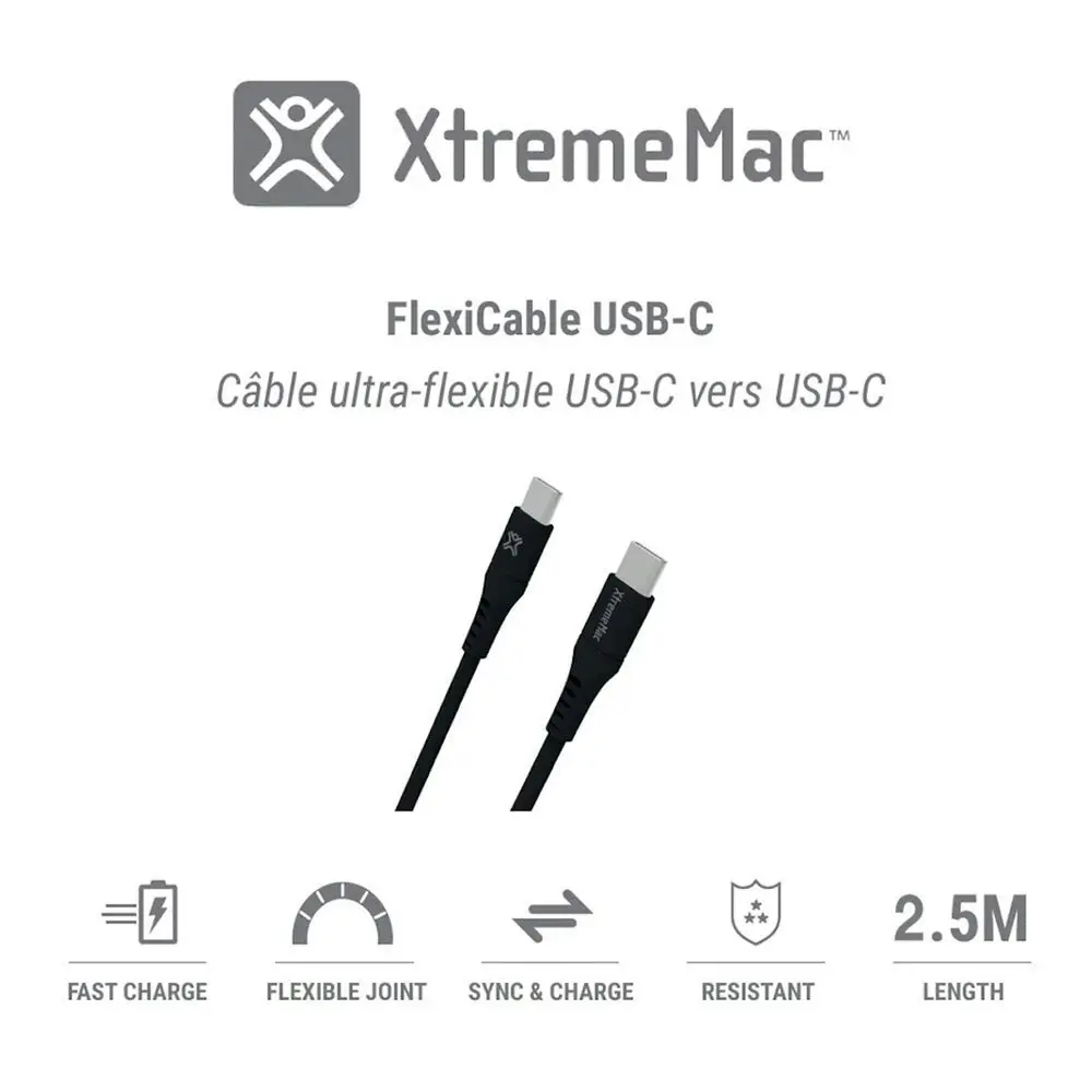 XtremeMac Flexi Fast-Charging USB-C to USB-C Extra-Slim Cable Cord 2.5m