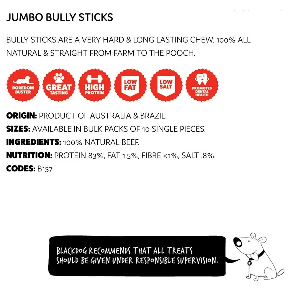 10pc Blackdog 28cm Naturally Good Pet/Dog Jumbo Bully Sticks Healthy Treats/Food