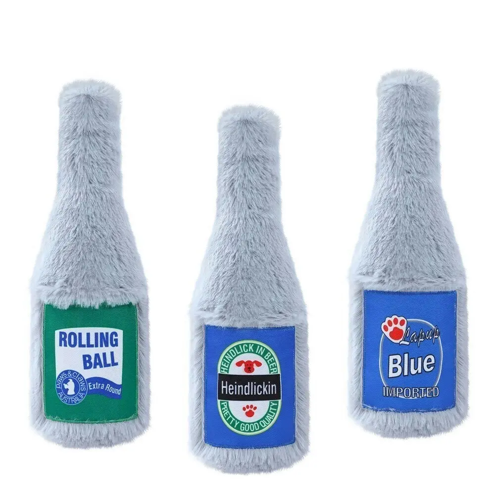 2x Paws & Claws 22cm Furry Beer Bottle Plush Pet Dog Chew Toy w/ Squeaker Asstd