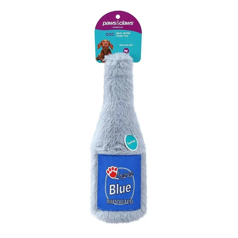 2x Paws & Claws 22cm Furry Beer Bottle Plush Pet Dog Chew Toy w/ Squeaker Asstd