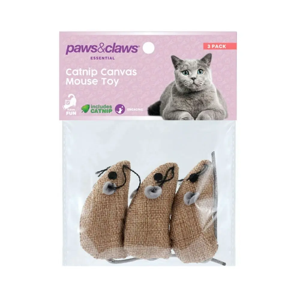 2x 3pc Paws & Claws 6.5cm Catnip Canvas Mouse Interactive/Play Toy Cat/Pet Asst