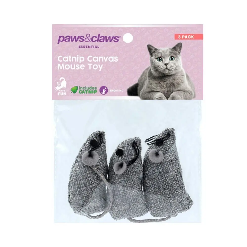 2x 3pc Paws & Claws 6.5cm Catnip Canvas Mouse Interactive/Play Toy Cat/Pet Asst