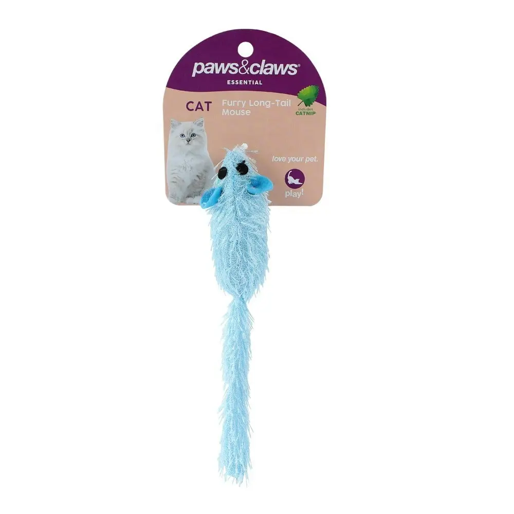 2x Paws & Claws 17cm Furry Long-Tail Catnip Mouse Interactive Toy for Cats Asstd