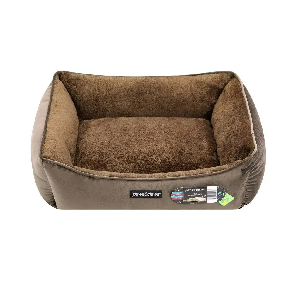 Paws & Claws Lux 60x50cm Walled Sleeping Dog Bed Rectangle Cushion Small Mocha