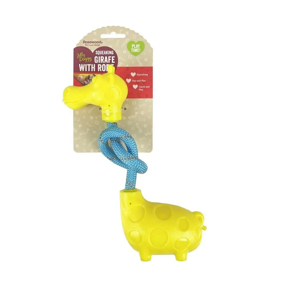 2x Rosewood Squeaking Giraffe w/ Rope Pet Dog Training Chew Bite Play Toy Yellow