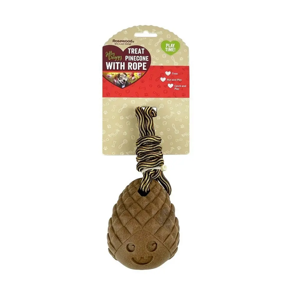 2x Rosewood Treat Pinecone w/ Rope Pet Dog Interactive Fetch Fun Play Toy Brown