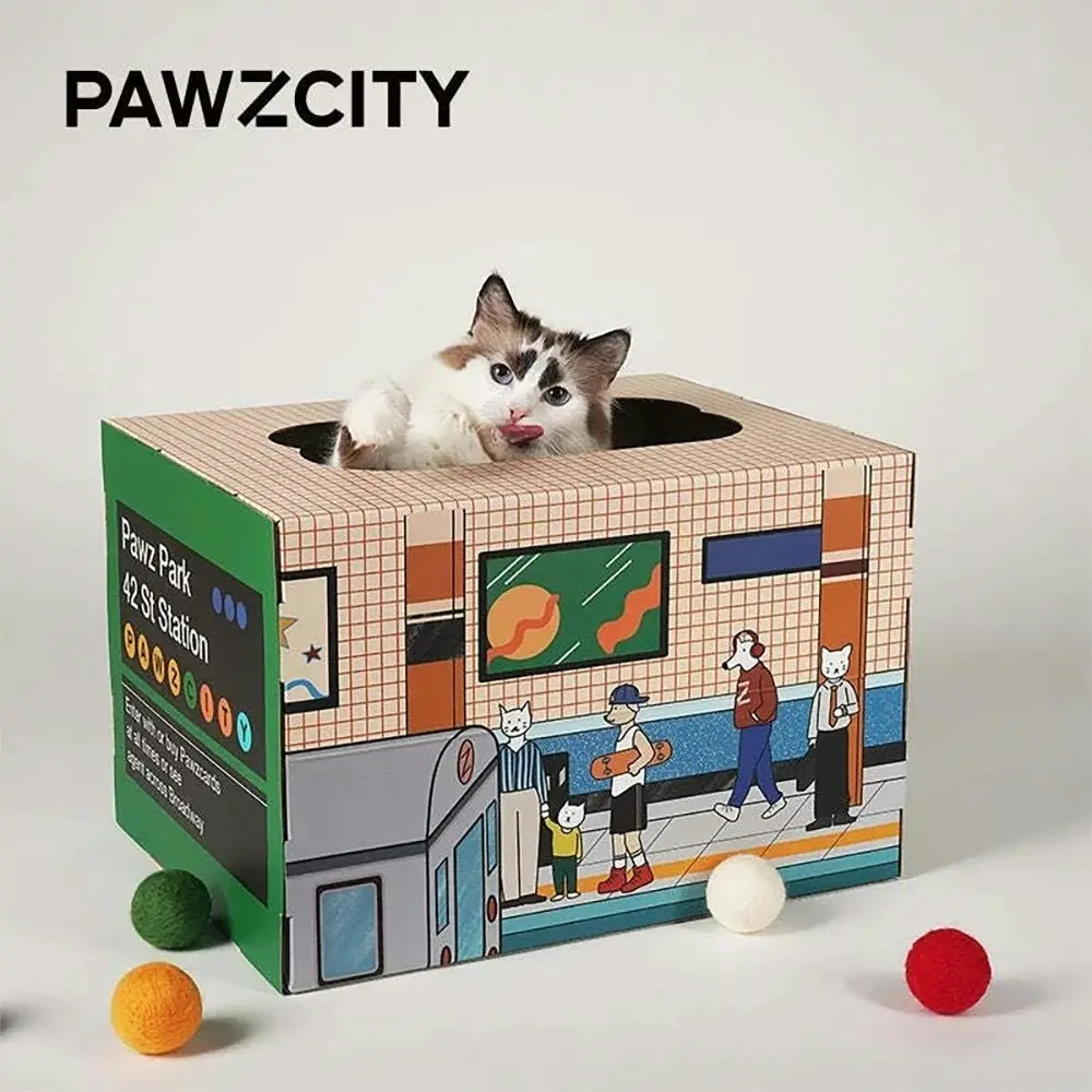 Pawzcity 46cm Cardboard Cat Scratcher House New York Subway Kitten Scratch Box