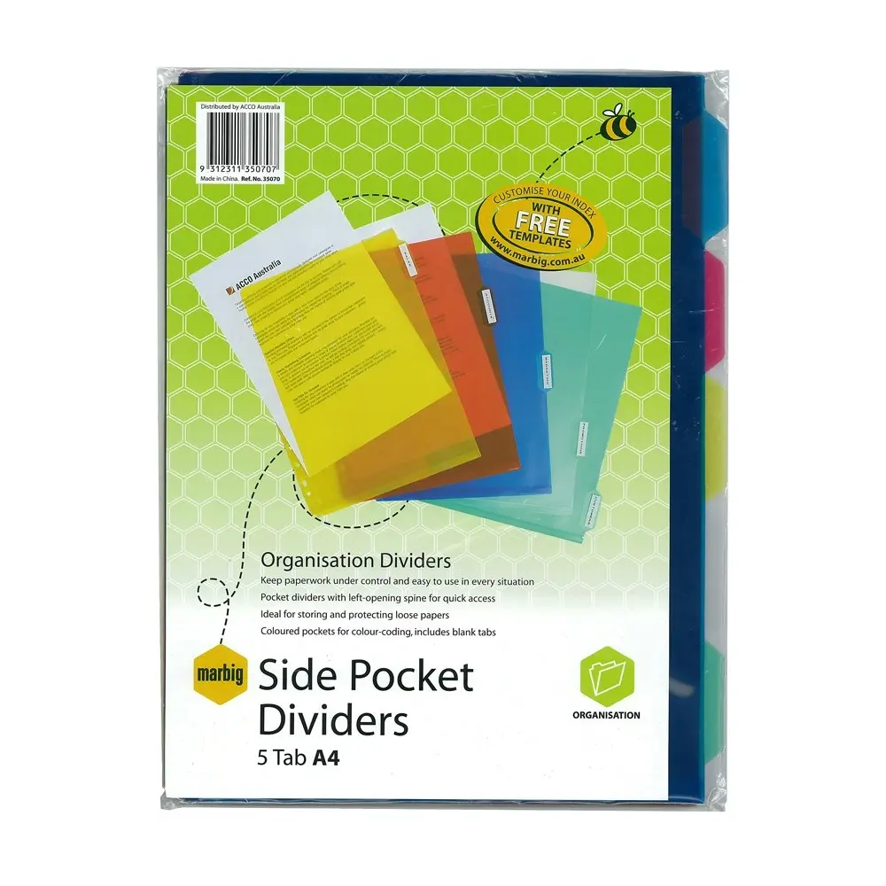 3x Marbig PP 5 Tab A4 Side Pocket Dividers/Paper File/Filing Organiser Assorted