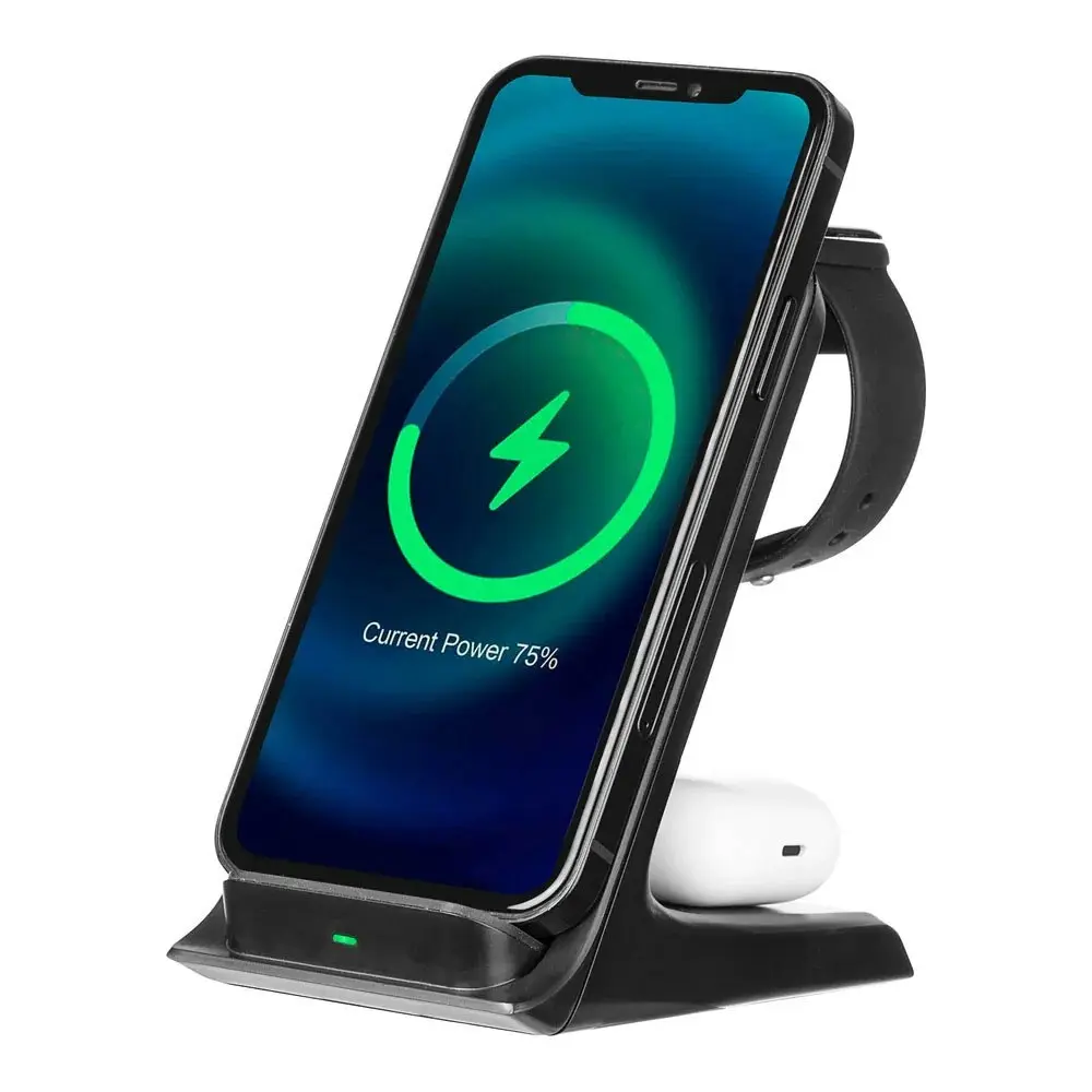 3sixT 3 In 1 Dual Mobile Phone Standing Wireless Charging Station/Tower 15W BLCK