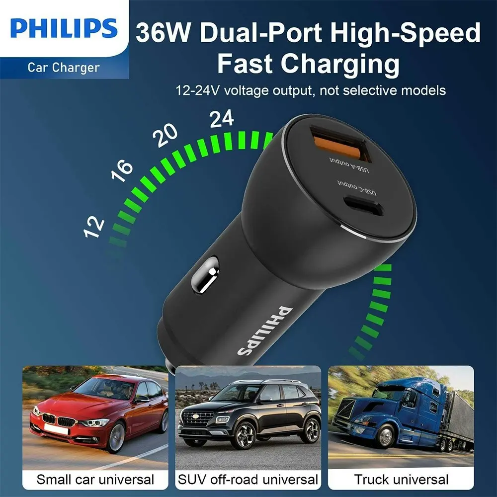 Philips QC+PD Dual Port Car Mobile Phone Charger w/ USB-C to Mfi Cable BLK