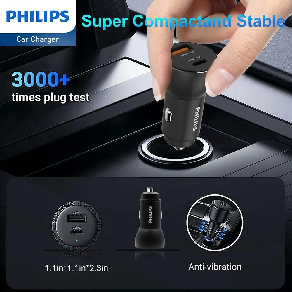 Philips QC+PD Dual Port Car Mobile Phone Charger w/ USB-C to Mfi Cable BLK