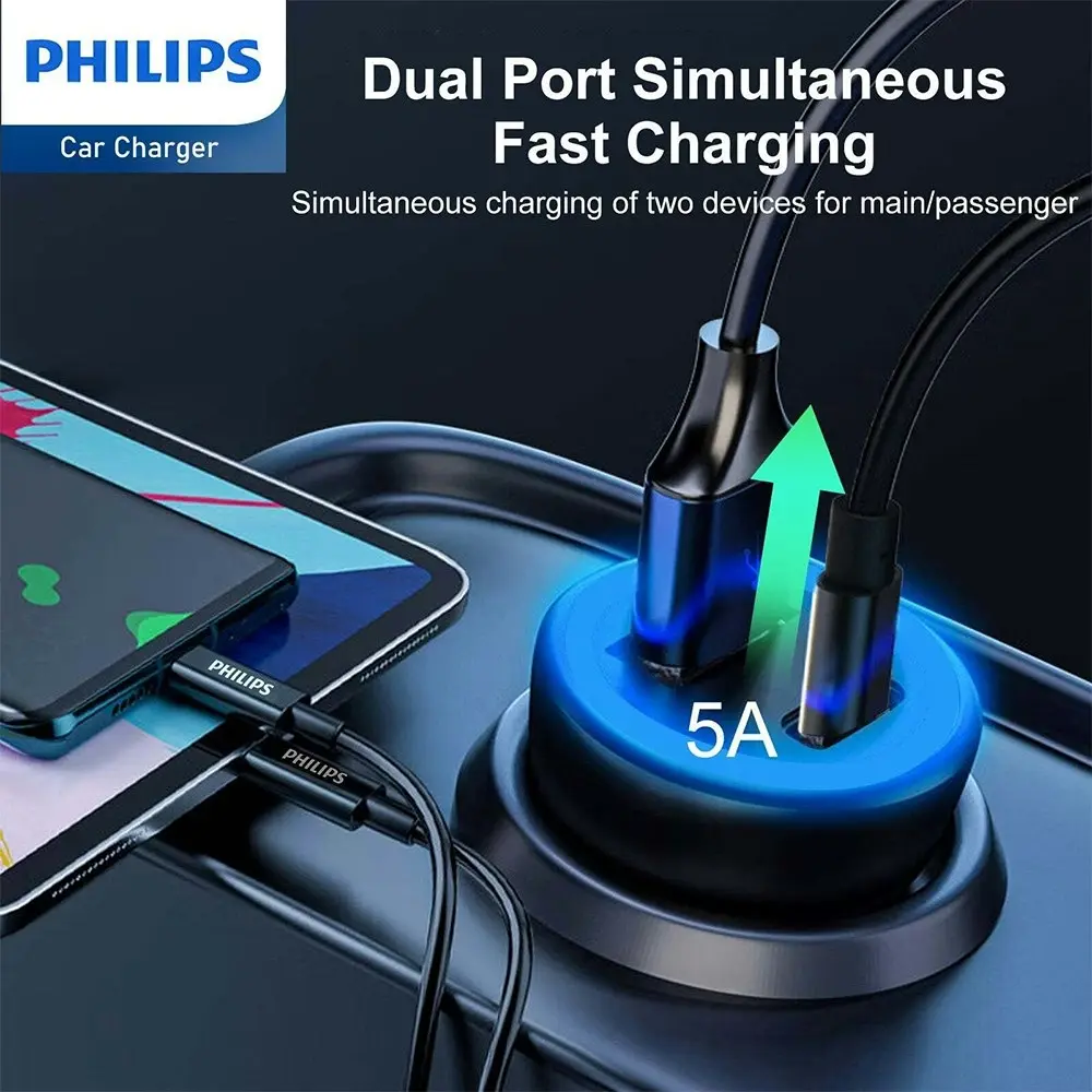 Philips QC+PD Dual Port Car Mobile Phone Charger w/ USB-C to Mfi Cable BLK