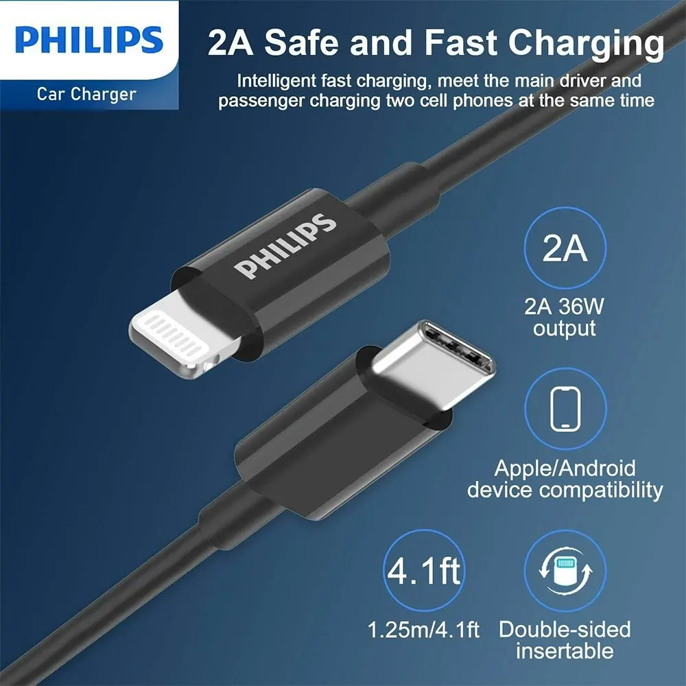 Philips QC+PD Dual Port Car Mobile Phone Charger w/ USB-C to Mfi Cable BLK