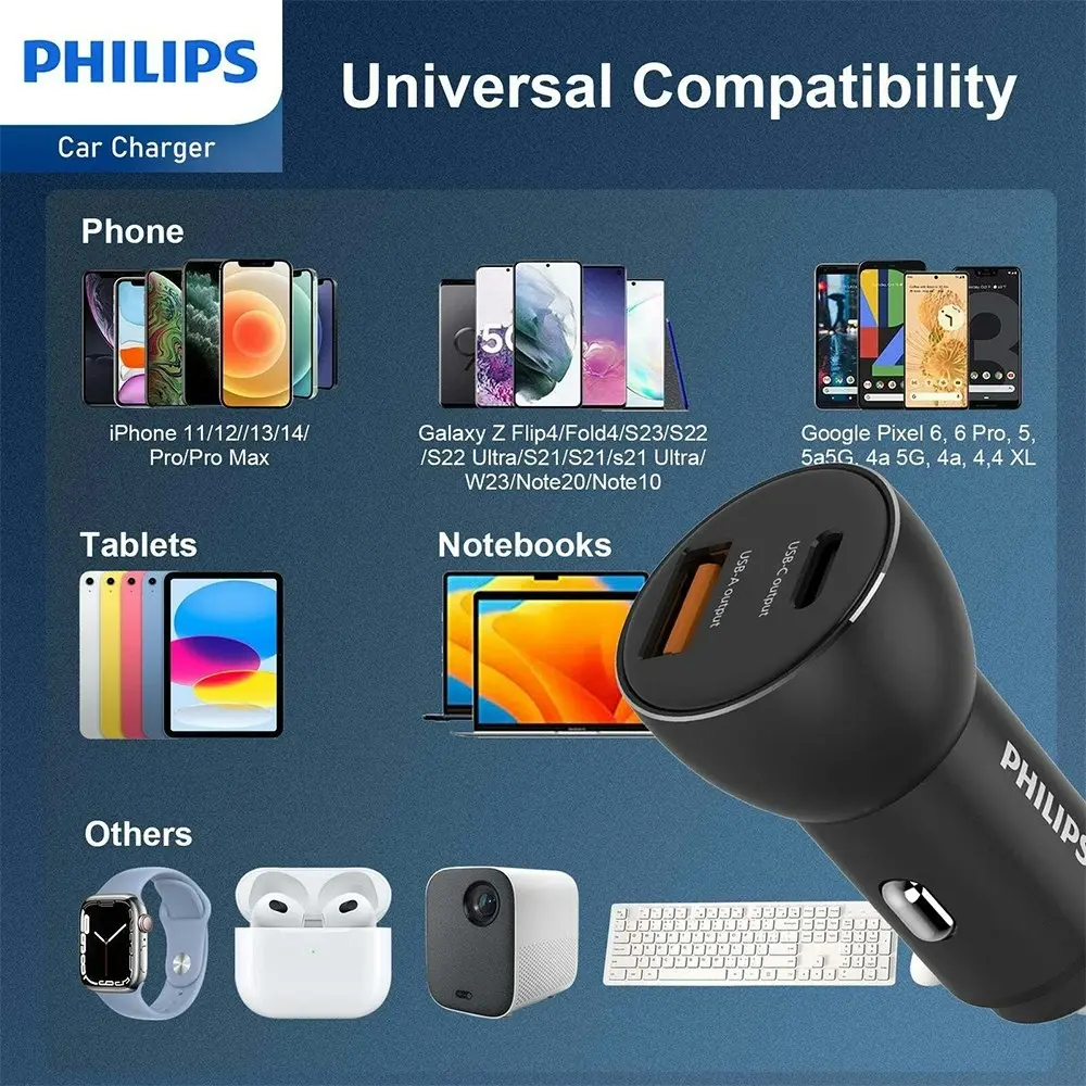 Philips QC+PD Dual Port Car Mobile Phone Charger w/ USB-C to Mfi Cable BLK