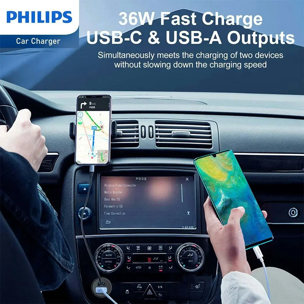 Philips QC+PD Dual Port Car Mobile Phone Charger w/ USB-C to Mfi Cable BLK