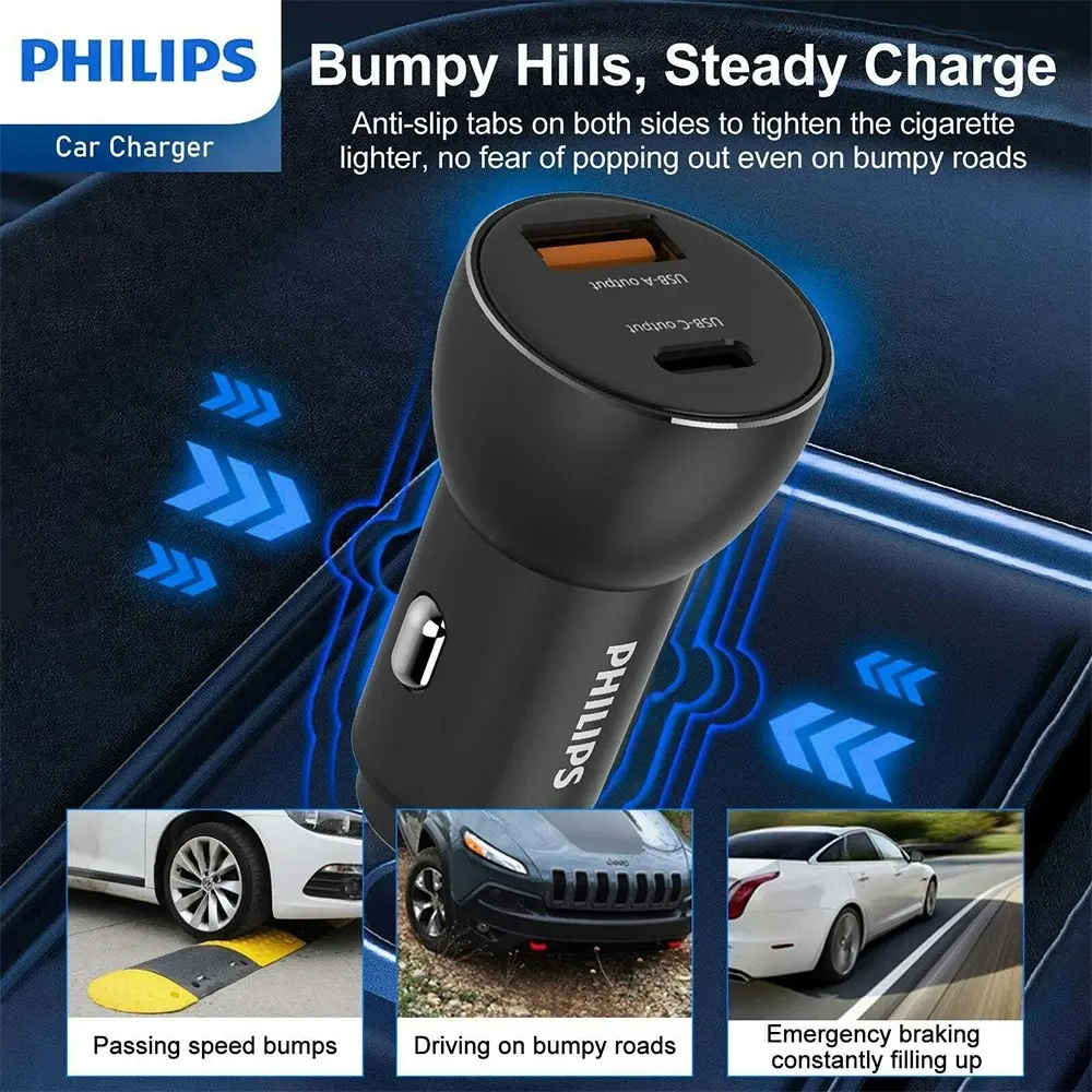 Philips QC+PD Dual Port Car Mobile Phone Charger w/ USB-C to Mfi Cable BLK