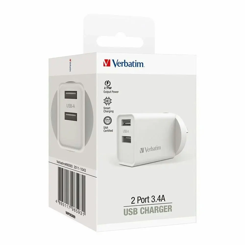 Verbatim USB AU/NZ Plug Wall Phone Charger/Charging Brick Dual/2 Port 2.4Amp