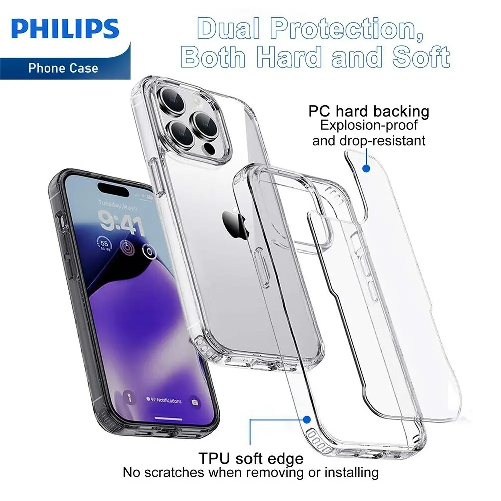 Philips Bumper Back Case Drop Protection Cover For Apple iPhone 15 Pro Max Clear