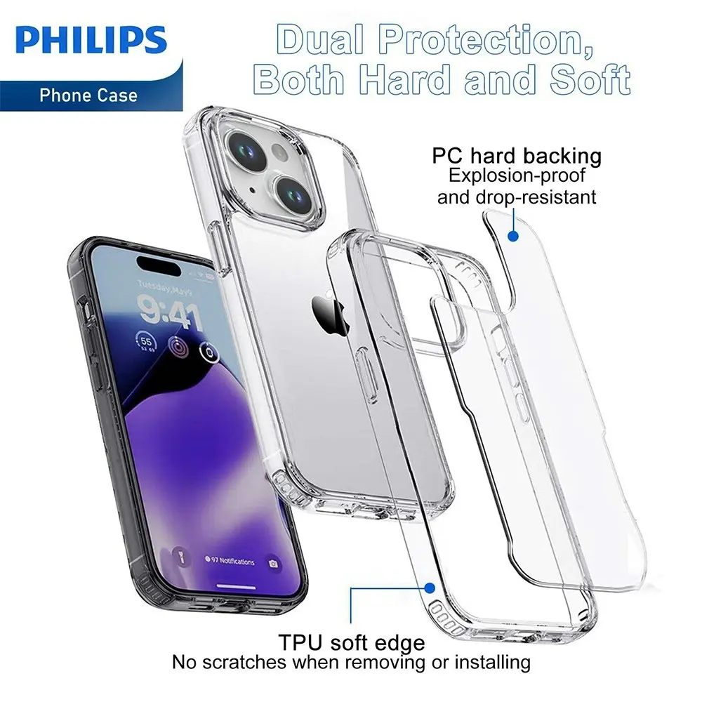 Philips Bumper Back Case Drop Protection Phone Cover For Apple iPhone 15 Clear