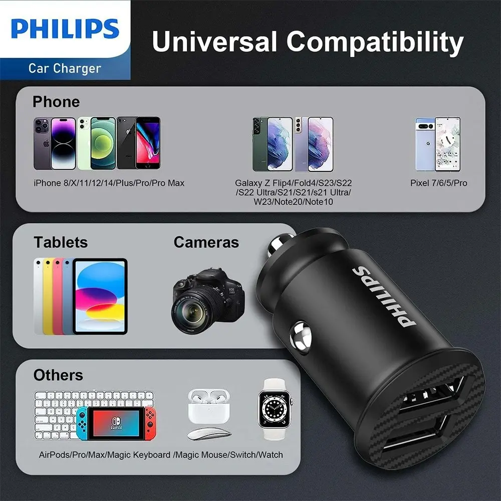 Philips Dual USB-A Port Mobile Phone Car Travel Charger w/ Mfi Cable