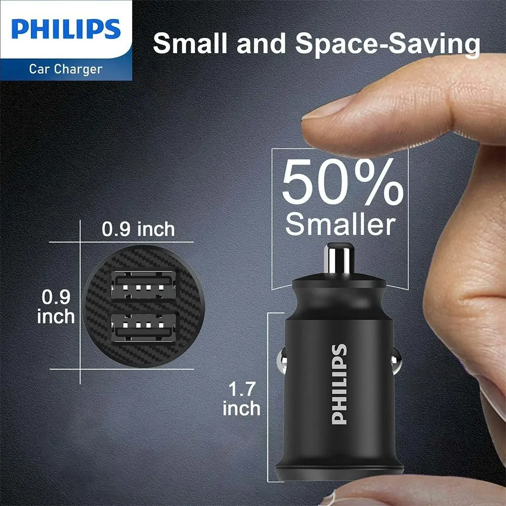 Philips Dual USB-A Port Mobile Phone Car Travel Charger w/ Mfi Cable