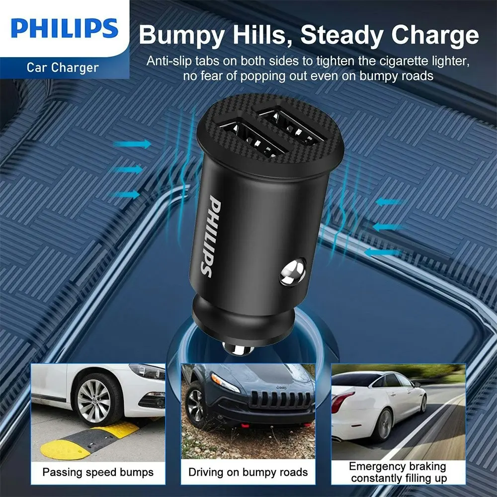 Philips Dual USB-A Port Mobile Phone Car Travel Charger w/ Mfi Cable