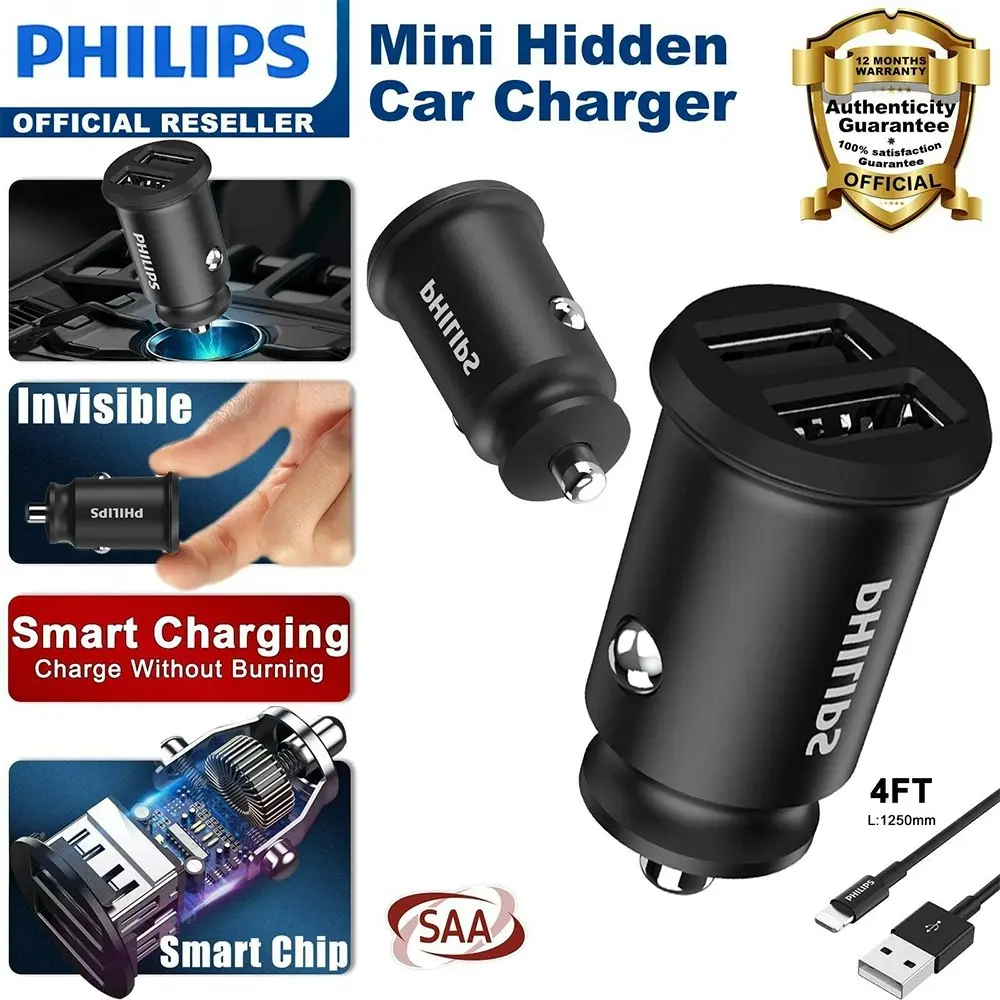 Philips Dual USB-A Port Mobile Phone Car Travel Charger w/ Mfi Cable