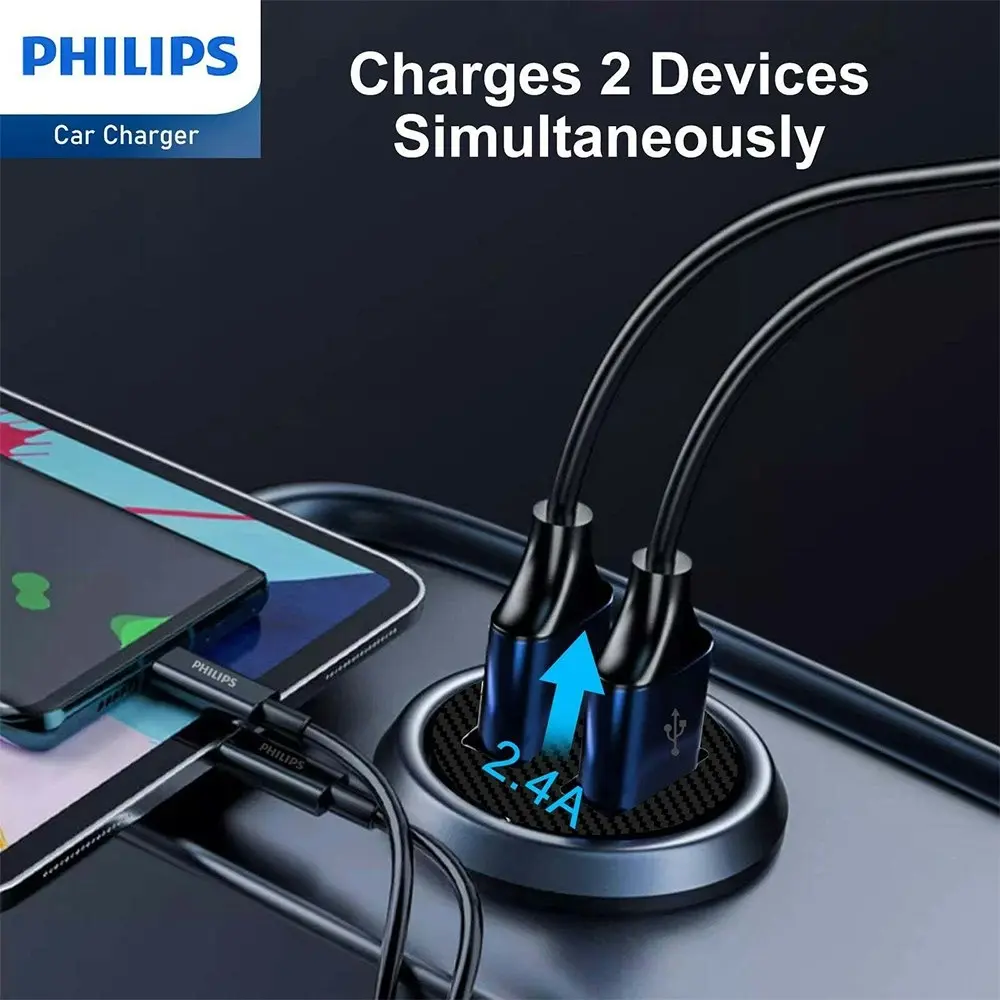 Philips Dual USB-A Port Mobile Phone Car Travel Charger w/ Mfi Cable