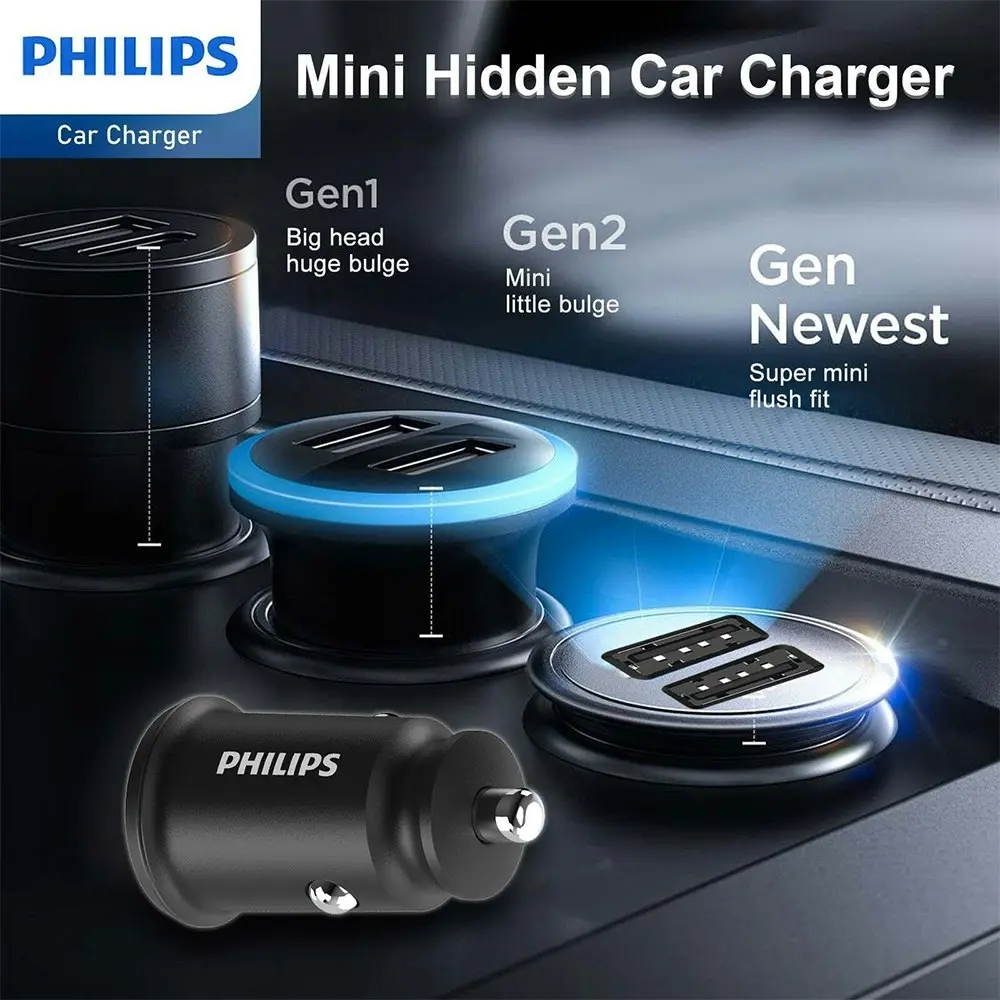 Philips Dual USB-A Port Mobile Phone Car Travel Charger w/ Mfi Cable