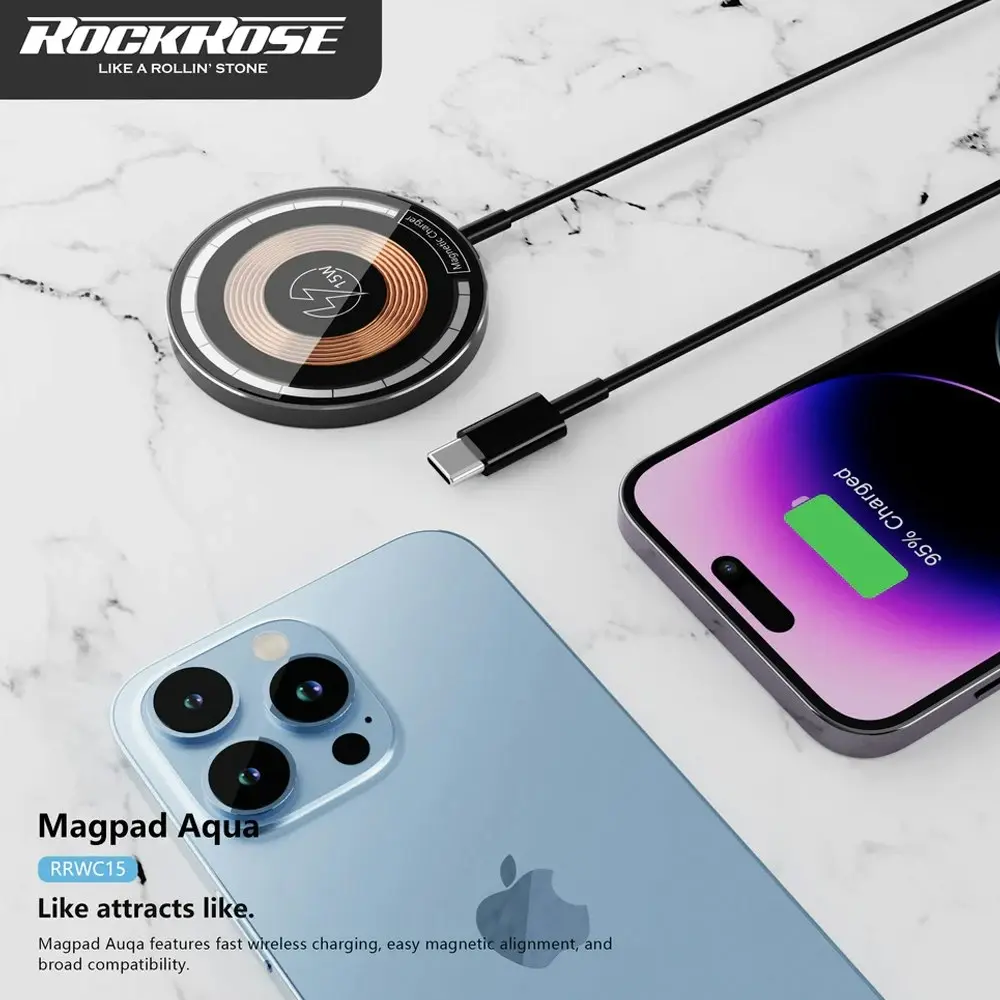 Rockrose 15W MagSafe Magnetic Wireless Charger Magpad Aqua For Smartphones BLK