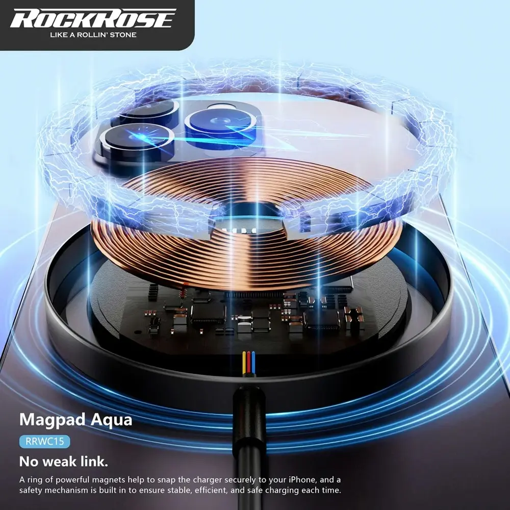 Rockrose 15W MagSafe Magnetic Wireless Charger Magpad Aqua For Smartphones BLK