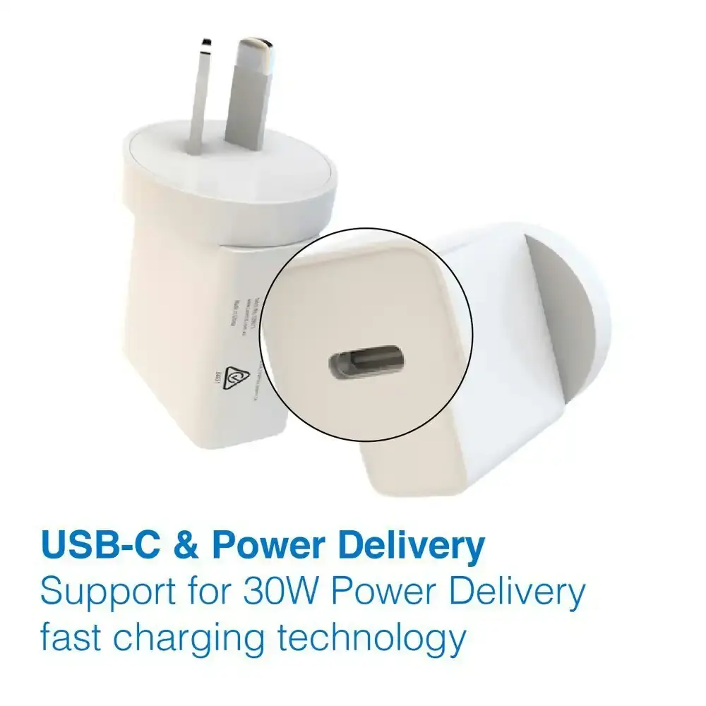 ChargeCore Dual USB-A/USB-C 30W PD Wall Charger Travel AU/NZ Plug Socket White