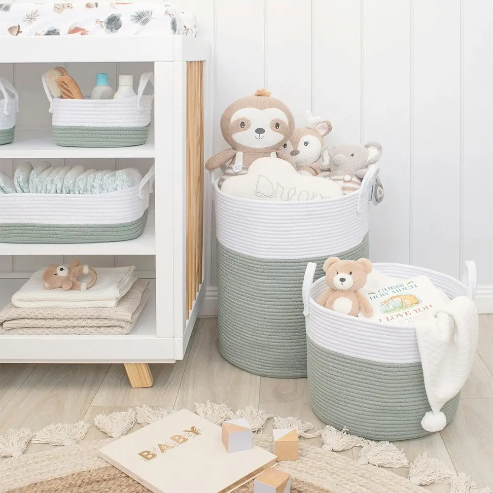 3pc Living Textiles Cotton Rope 35/20cm Nursery Storage Basket Set White/Sage