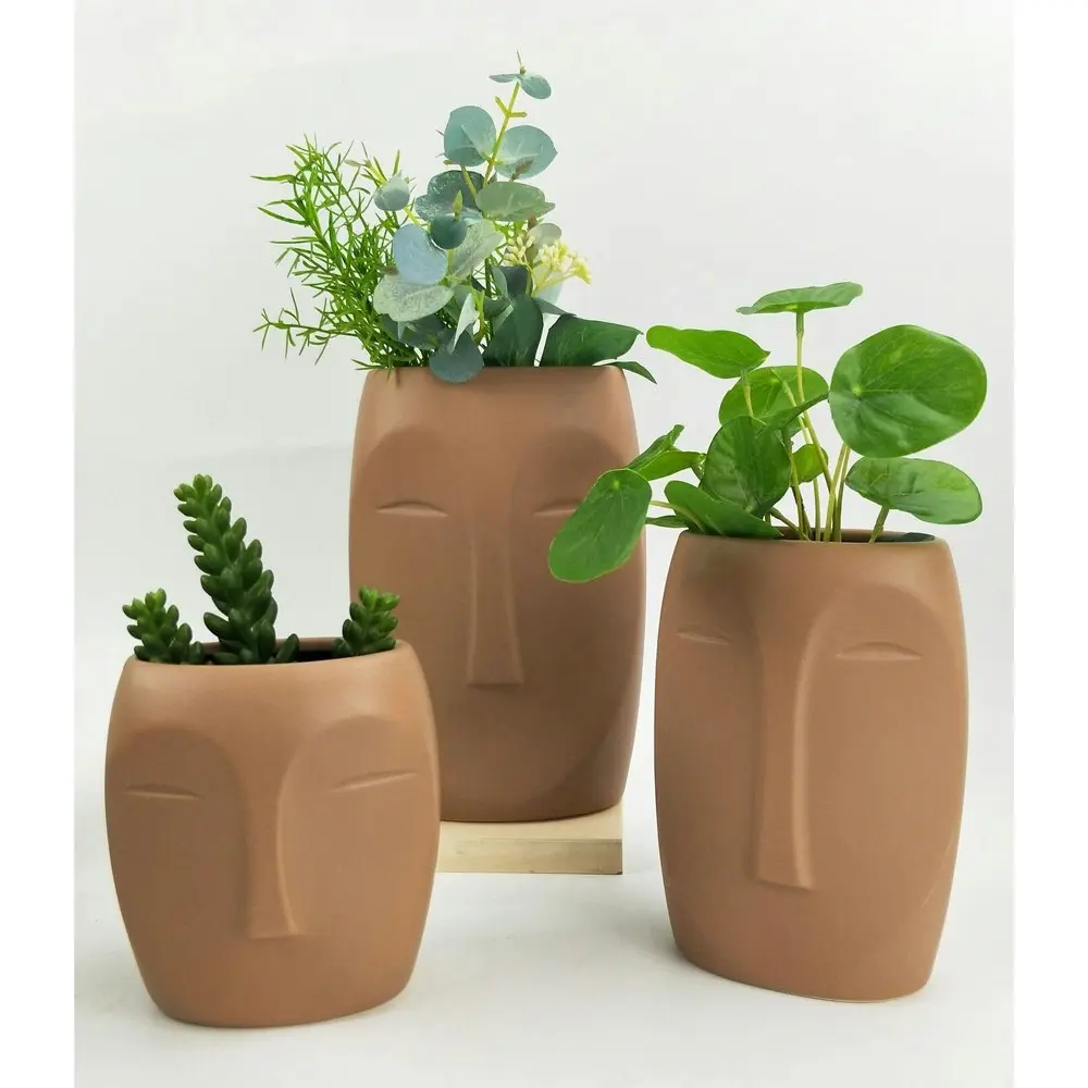 2x Urban Aztec Face 22cm Ceramic Plant/Flower Vase Home Display Pot Large Beige