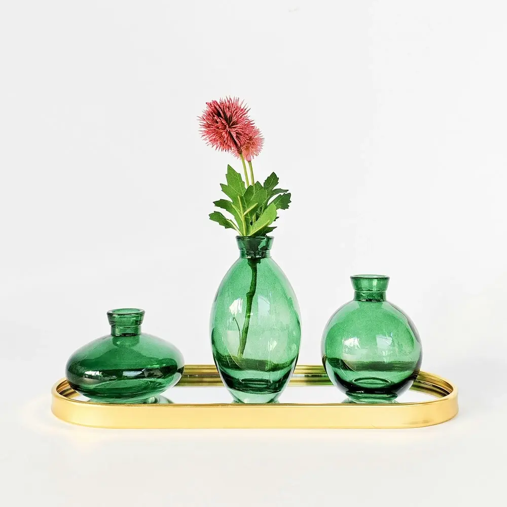 3pc Urban Products Kinkora Home Decor Glass Display Vases with Tray Green