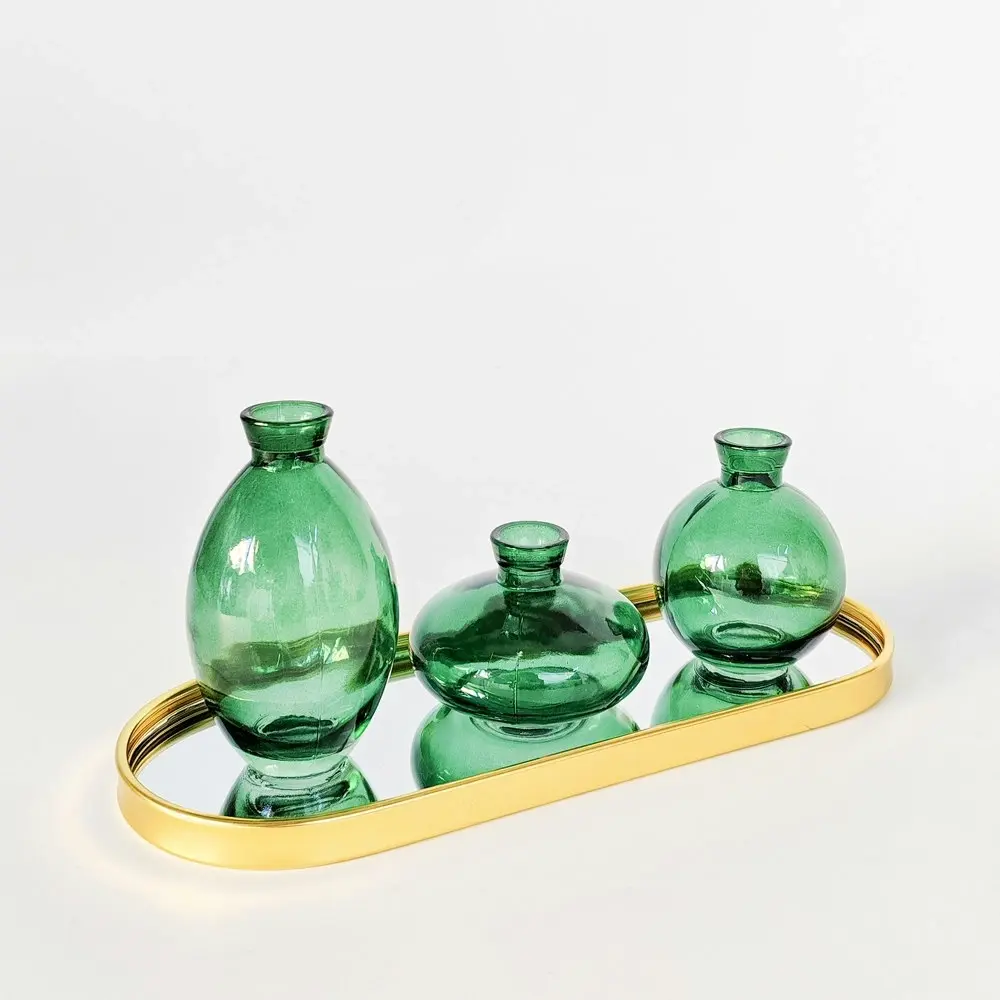 3pc Urban Products Kinkora Home Decor Glass Display Vases with Tray Green