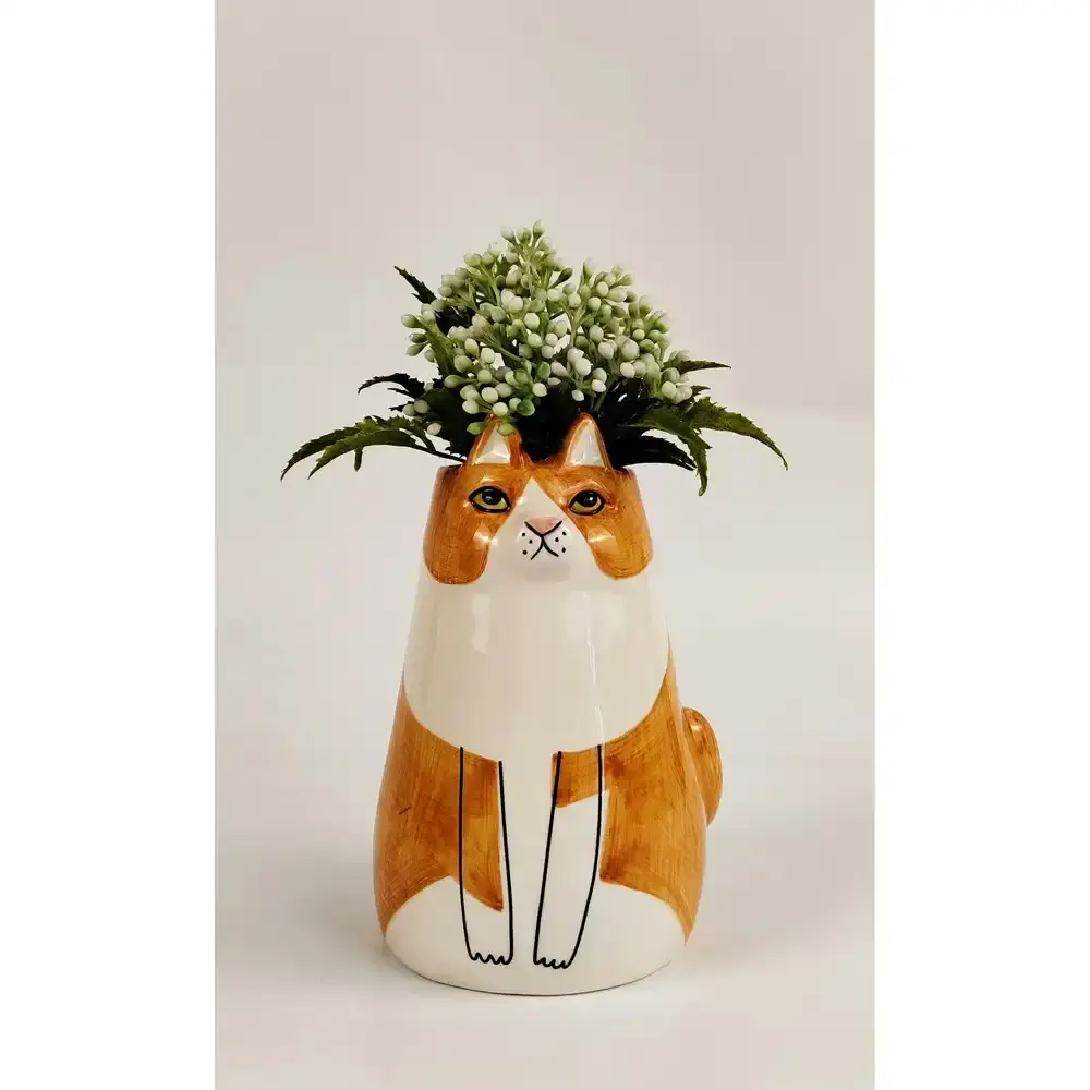 2x Urban 13cm Ceramic Sitting Cat Flower Vase Home Decor Display Pot Orange