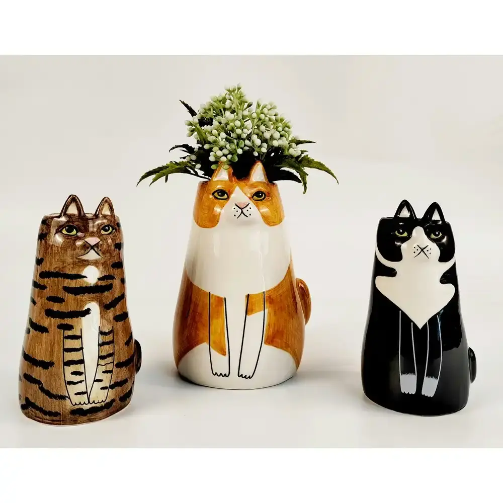 2x Urban 13cm Ceramic Sitting Cat Flower Vase Home Decor Display Pot Orange