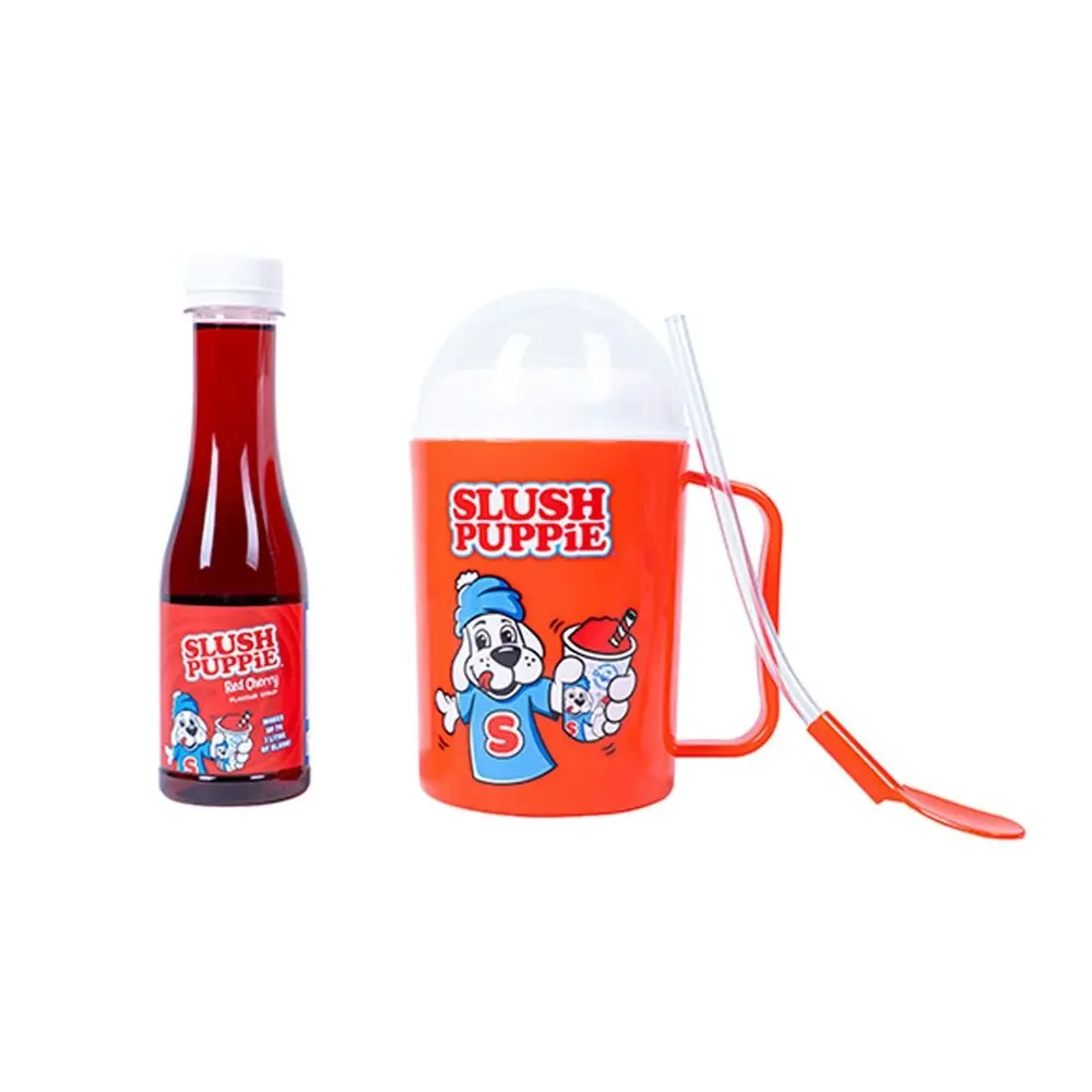 Slush Puppie Making Cup and Red Cherry Syrup Frozen Cold Drink Set w/Straw