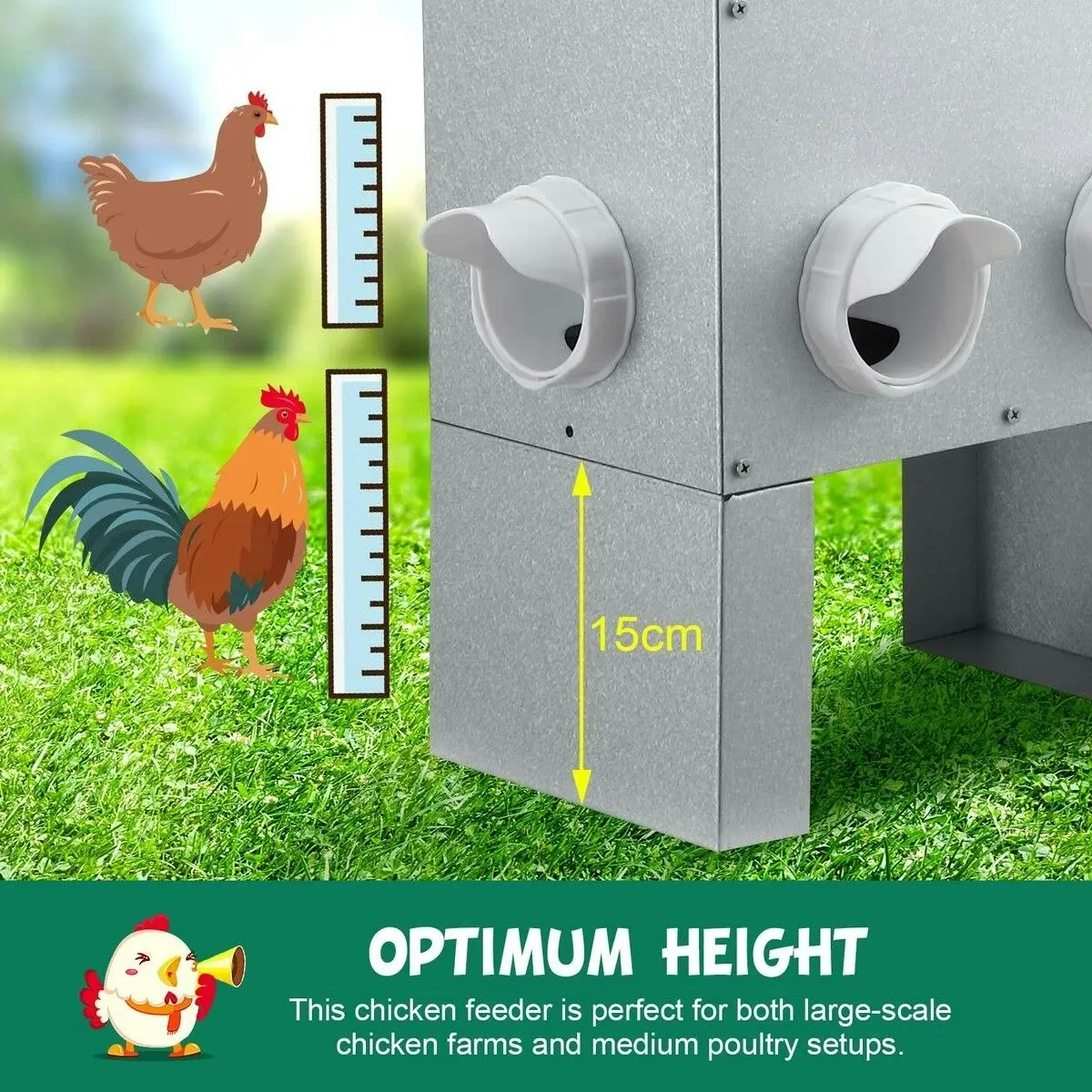 Pet Scene Auto Chicken Feeder 25L Automatic Hen Poultry Food Dispenser Rat Bird Rain Proof Steel Duck Goose 6 Feeding Ports