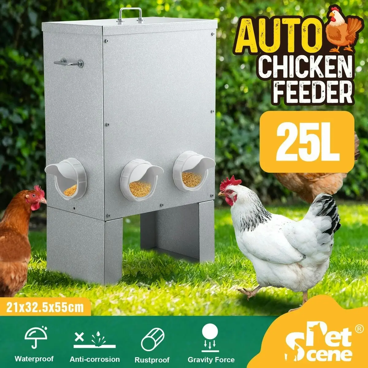 Pet Scene Auto Chicken Feeder 25L Automatic Hen Poultry Food Dispenser Rat Bird Rain Proof Steel Duck Goose 6 Feeding Ports