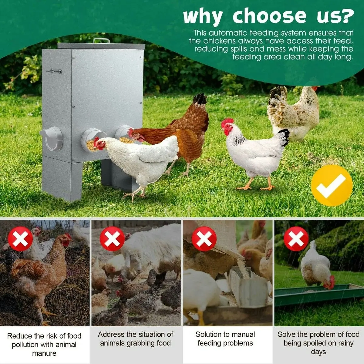 Pet Scene Auto Chicken Feeder 25L Automatic Hen Poultry Food Dispenser Rat Bird Rain Proof Steel Duck Goose 6 Feeding Ports