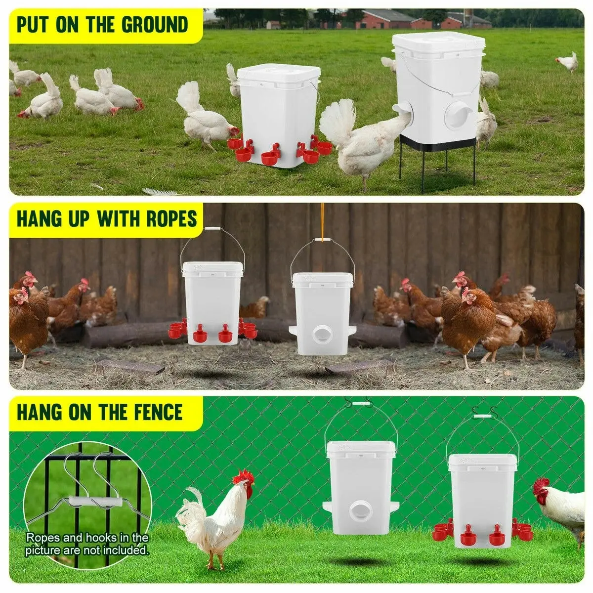 Pet Scene Chicken Bird Feeder Waterer Set Auto Food Water Dispenser Automatic Chick Poultry Chook Drinker Cup Gravity Fed Feeding Drinking System 20L with Stand