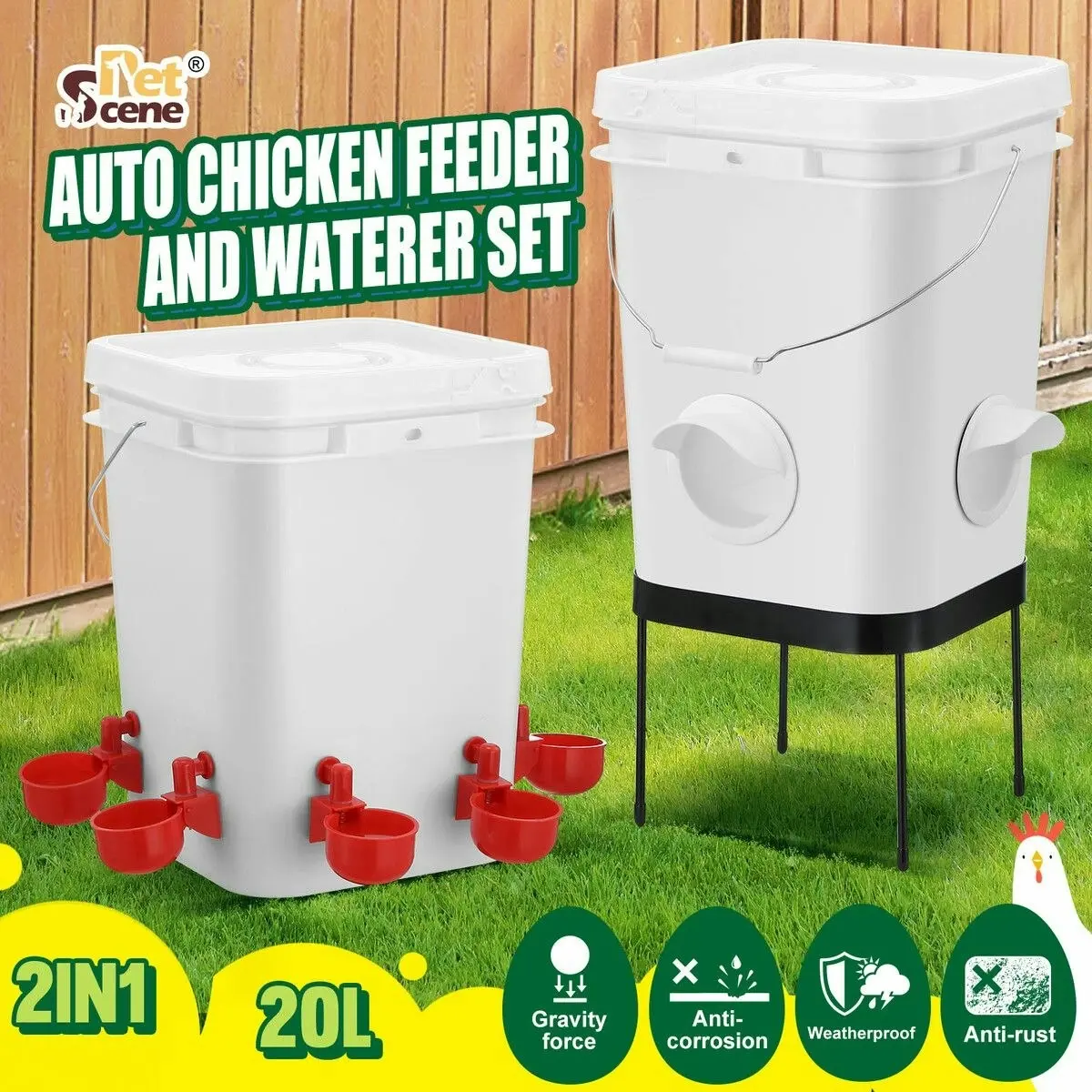 Pet Scene Chicken Bird Feeder Waterer Set Auto Food Water Dispenser Automatic Chick Poultry Chook Drinker Cup Gravity Fed Feeding Drinking System 20L with Stand