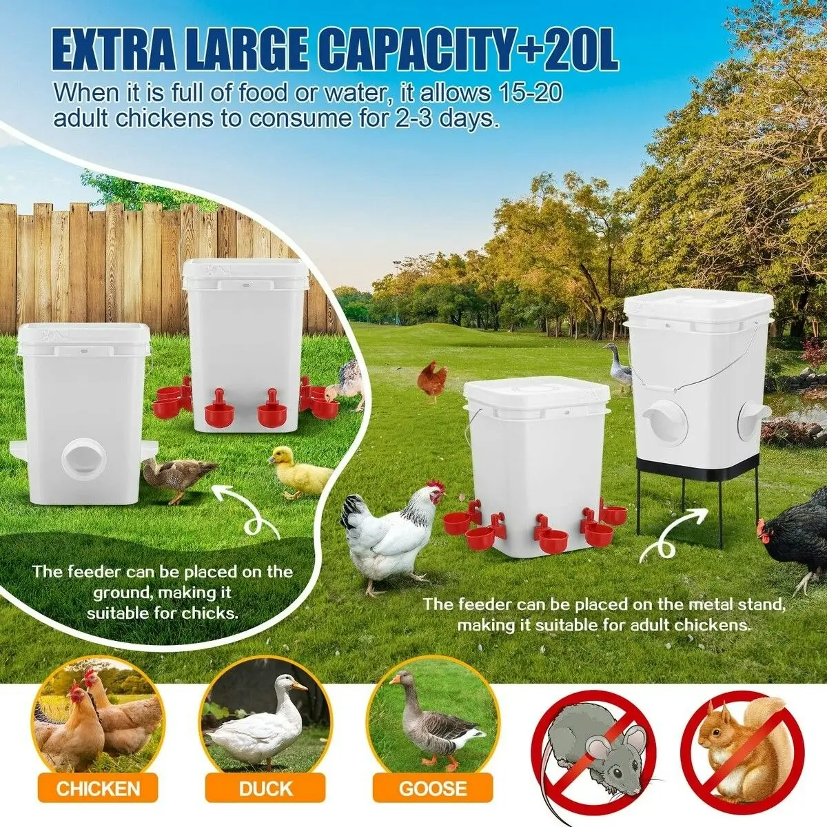 Pet Scene Chicken Bird Feeder Waterer Set Auto Food Water Dispenser Automatic Chick Poultry Chook Drinker Cup Gravity Fed Feeding Drinking System 20L with Stand