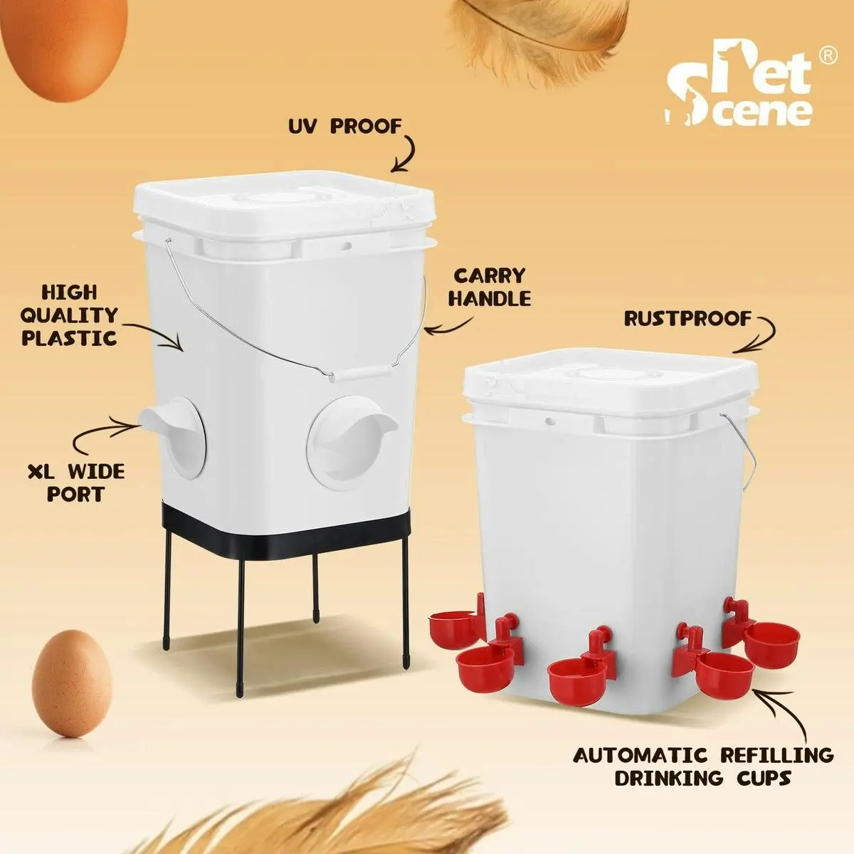 Pet Scene Chicken Bird Feeder Waterer Set Auto Food Water Dispenser Automatic Chick Poultry Chook Drinker Cup Gravity Fed Feeding Drinking System 20L with Stand