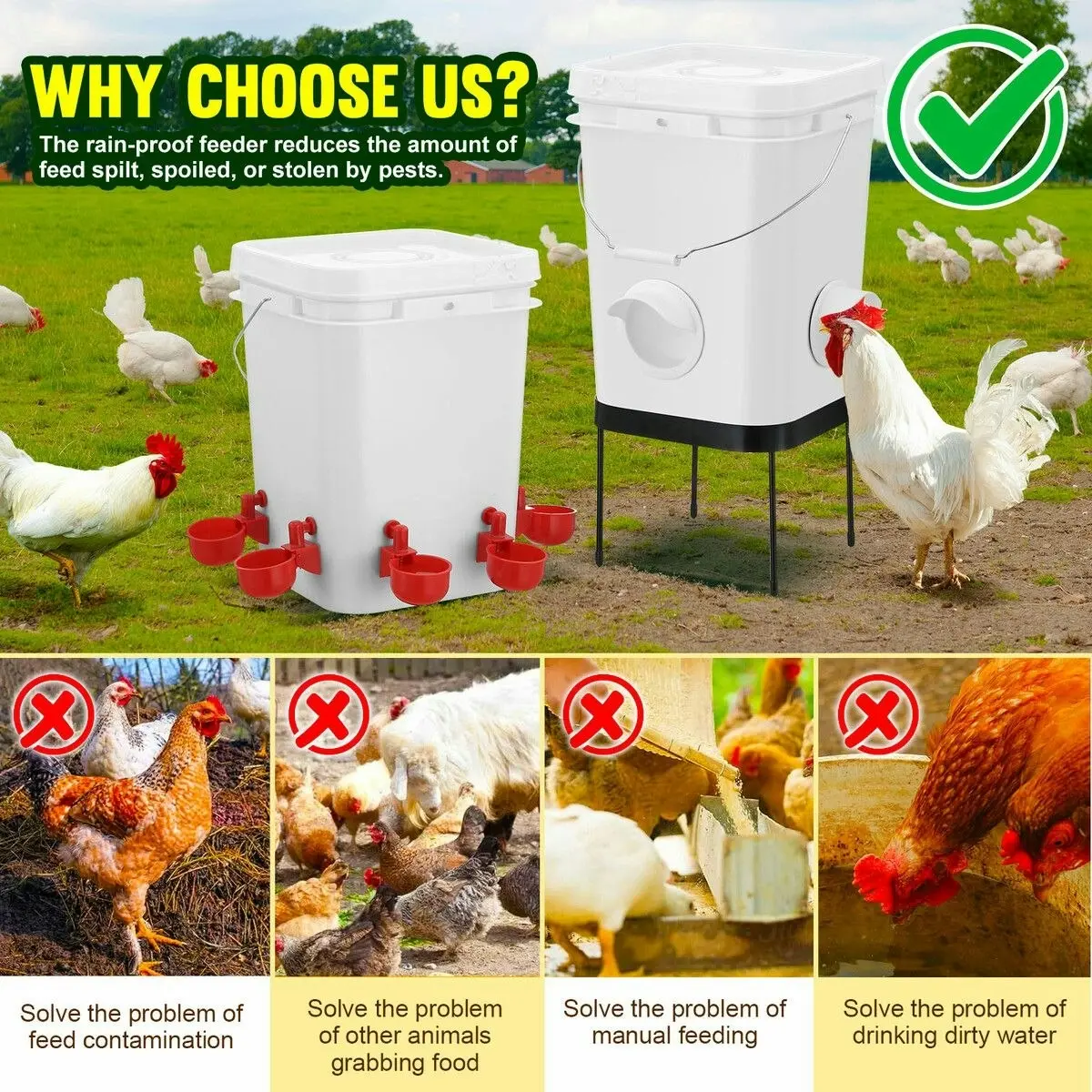 Pet Scene Chicken Bird Feeder Waterer Set Auto Food Water Dispenser Automatic Chick Poultry Chook Drinker Cup Gravity Fed Feeding Drinking System 20L with Stand